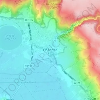 Mappa topografica Cheddar, altitudine, rilievo
