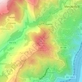 Mappa topografica São Silvestre Cimo do Douro, altitudine, rilievo