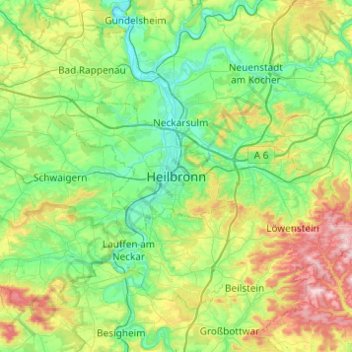 Mappa topografica Heilbronn, altitudine, rilievo