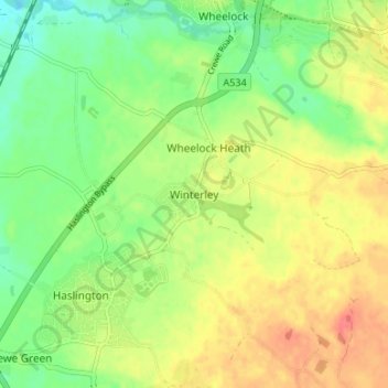 Mappa topografica Winterley, altitudine, rilievo