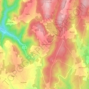 Mappa topografica Varennes, altitudine, rilievo