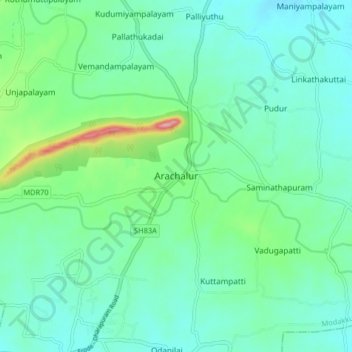 Mappa topografica Arachalur, altitudine, rilievo