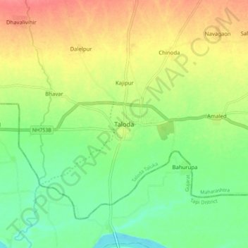Mappa topografica Taloda, altitudine, rilievo