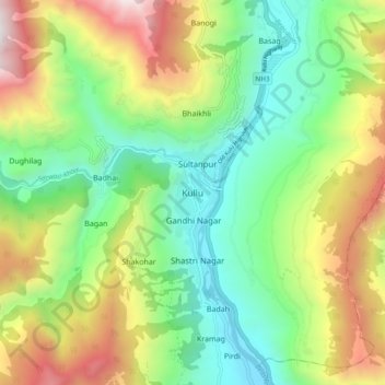 Mappa topografica Kullu, altitudine, rilievo
