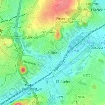 Mappa topografica Châtelineau, altitudine, rilievo