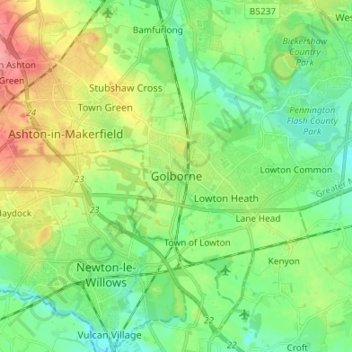 Mappa topografica Golborne, altitudine, rilievo