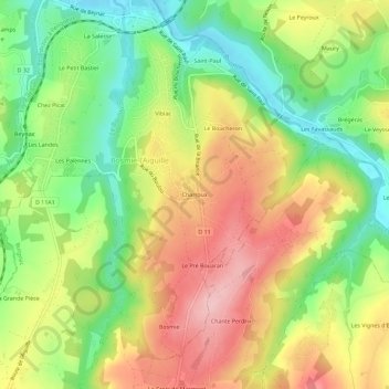 Mappa topografica Charroux, altitudine, rilievo