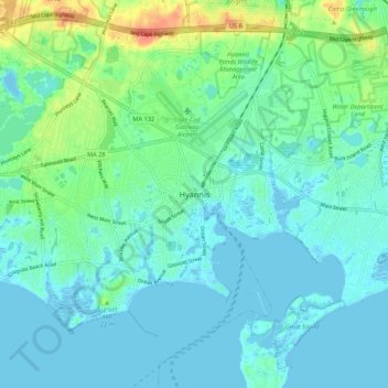 Mappa topografica Hyannis, altitudine, rilievo