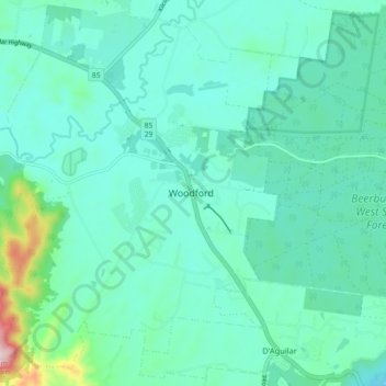 Mappa topografica Woodford, altitudine, rilievo