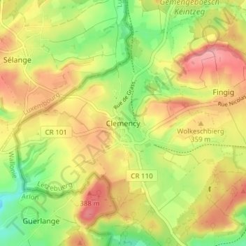 Mappa topografica Clemency, altitudine, rilievo