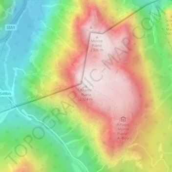 Mappa topografica Monte Piana, altitudine, rilievo
