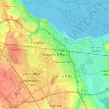 Mappa topografica Ellesmere Port, altitudine, rilievo