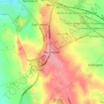 Mappa topografica Meir Heath, altitudine, rilievo