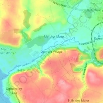 Mappa topografica Ogmore, altitudine, rilievo