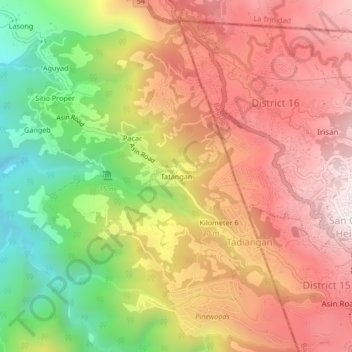 Mappa topografica Tatangan, altitudine, rilievo