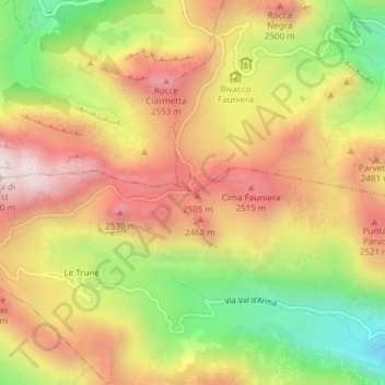 Mappa topografica Colle Fauniera, altitudine, rilievo