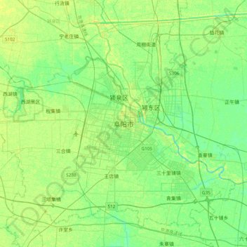 Mappa topografica 阜阳市, altitudine, rilievo
