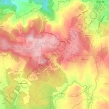 Mappa topografica Travassos, altitudine, rilievo
