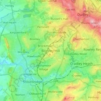 Mappa topografica Brierley Hill, altitudine, rilievo