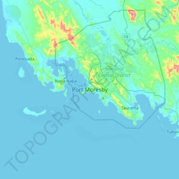 Mappa topografica Port Moresby, altitudine, rilievo