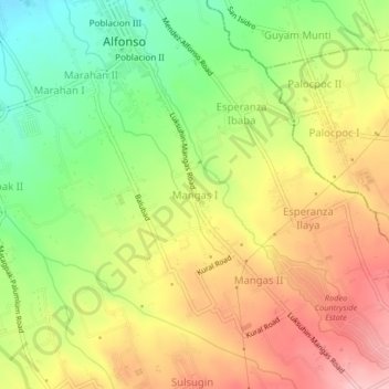 Mappa topografica Mangas I, altitudine, rilievo