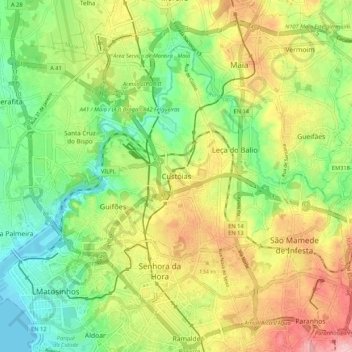 Mappa topografica Custóias, altitudine, rilievo