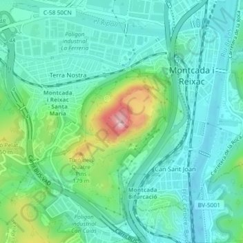 Mappa topografica Turó de Montcada, altitudine, rilievo