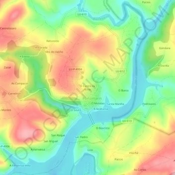Mappa topografica O Castro da Virxe, altitudine, rilievo