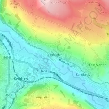Mappa topografica Riddlesden, altitudine, rilievo