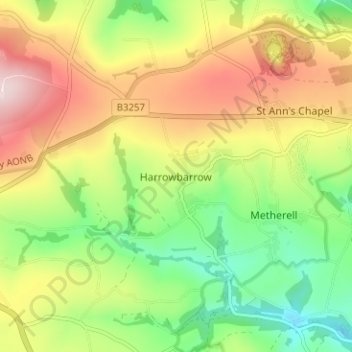 Mappa topografica Harrowbarrow, altitudine, rilievo