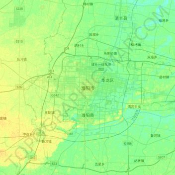 Mappa topografica 濮阳市, altitudine, rilievo