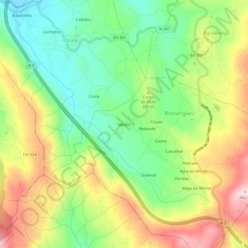 Mappa topografica Sabariz, altitudine, rilievo