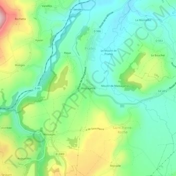 Mappa topografica Massagette, altitudine, rilievo