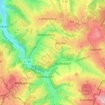 Mappa topografica Hüchel, altitudine, rilievo