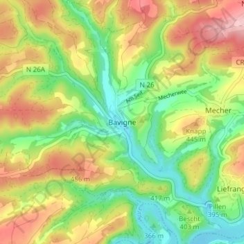Mappa topografica Bavigne, altitudine, rilievo