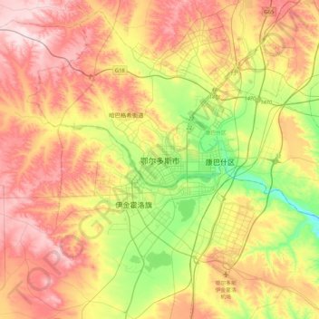 Mappa topografica 鄂尔多斯市, altitudine, rilievo
