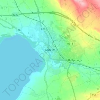 Mappa topografica Antrim, altitudine, rilievo