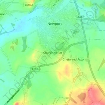 Mappa topografica Church Aston, altitudine, rilievo