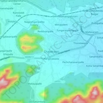 Mappa topografica Chandragiri, altitudine, rilievo