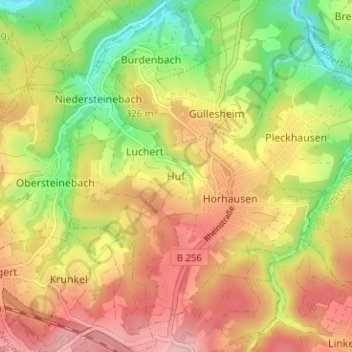 Mappa topografica Huf, altitudine, rilievo