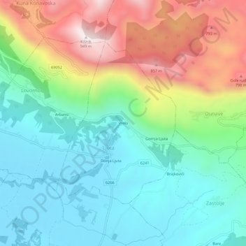 Mappa topografica Vrelo, altitudine, rilievo
