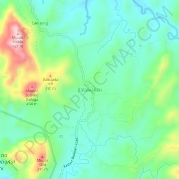 Mappa topografica Kalawakan, altitudine, rilievo