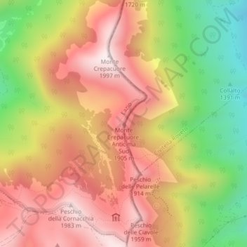Mappa topografica Monte Crepacuore, Anticima Sud, altitudine, rilievo
