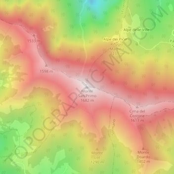 Mappa topografica Monte San Primo, altitudine, rilievo