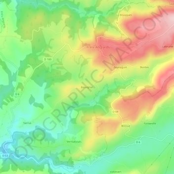 Mappa topografica Bassignac, altitudine, rilievo