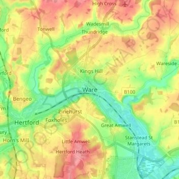 Mappa topografica Ware, altitudine, rilievo