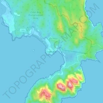Mappa topografica Coles Bay, altitudine, rilievo