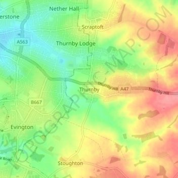 Mappa topografica Thurnby, altitudine, rilievo