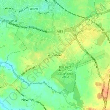 Mappa topografica Woodford, altitudine, rilievo