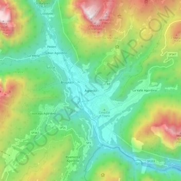 Mappa topografica Agordo - Agort, altitudine, rilievo